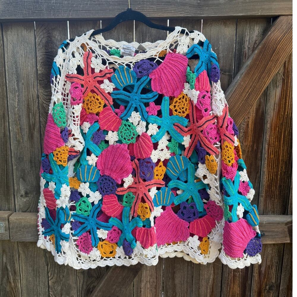 VTG Tony Lambert seashell ocean SWEATER Size Large ramie cotton